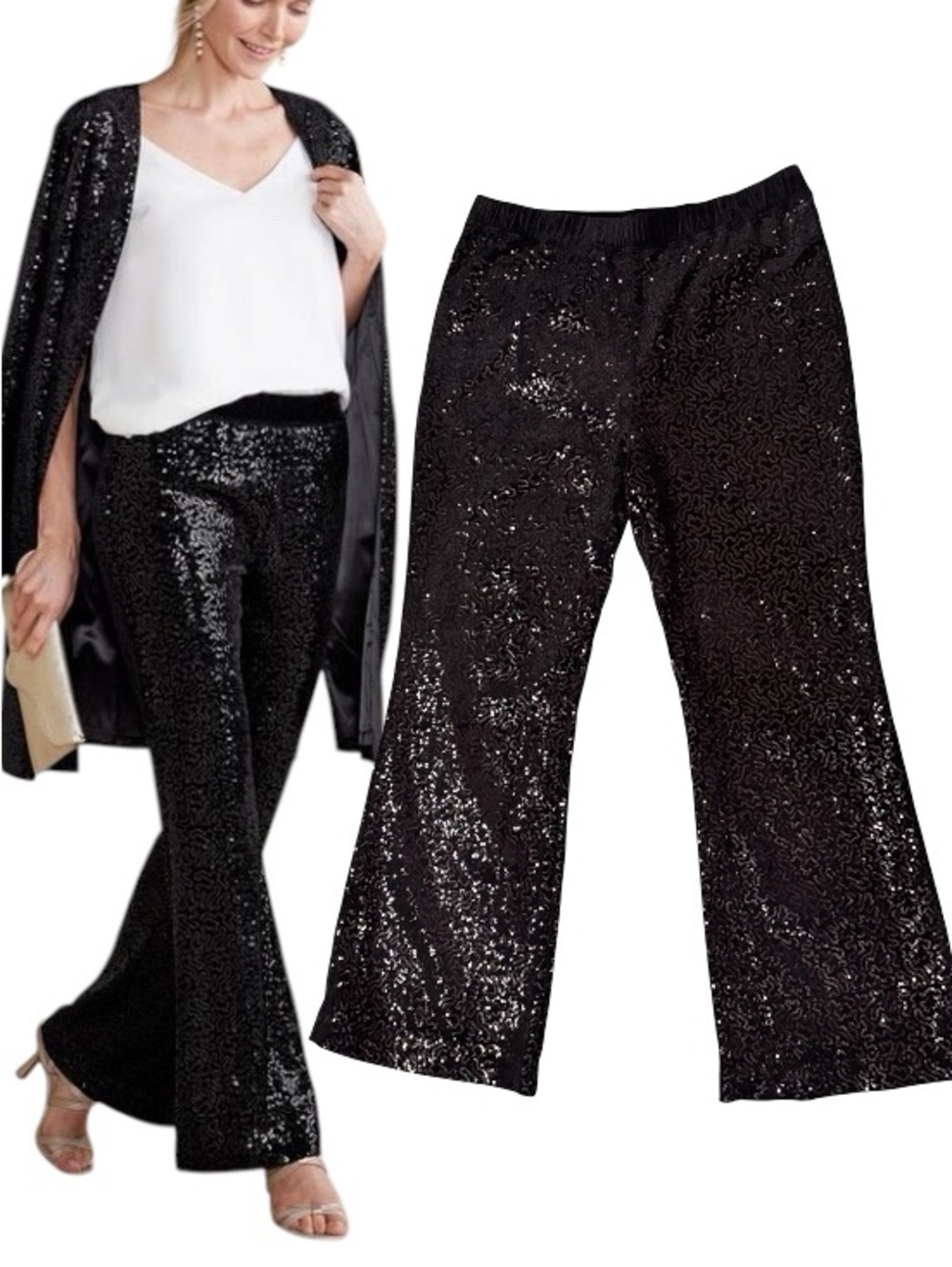 Soft Surroundings Eva Sequin Velour Pants Sz L Wide Leg Flare Comfort Glam